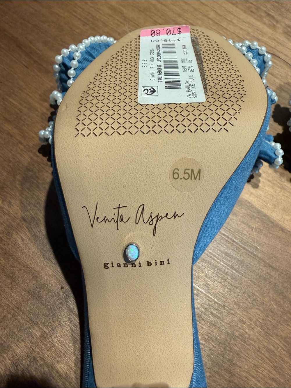 Gianni Bini Blue Pearl-Trim Ruffle Slide Heels - Picture 6 of 6
